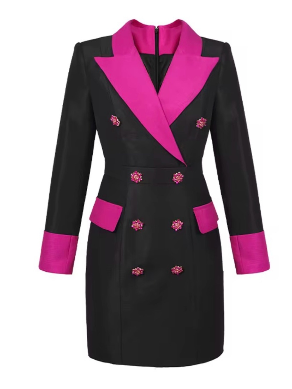 Womens Black Coat Dress with Fuchsia Trim Double-Breasted Jacket